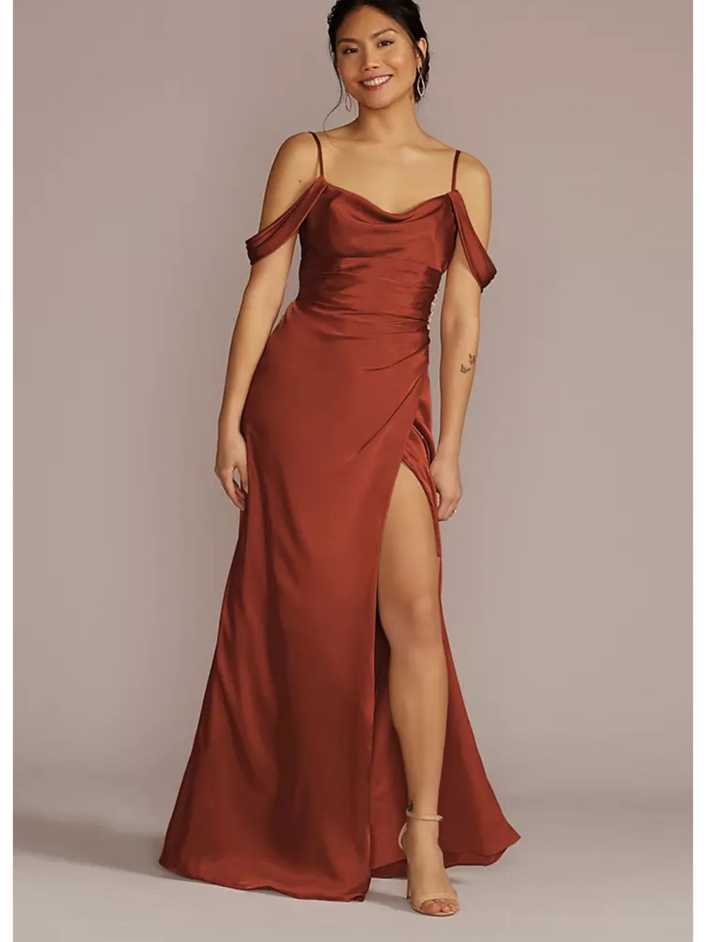 David's Bridal Cinnamon Charmeuse Cowl Bridesmaid Dress with Swag Sleeves